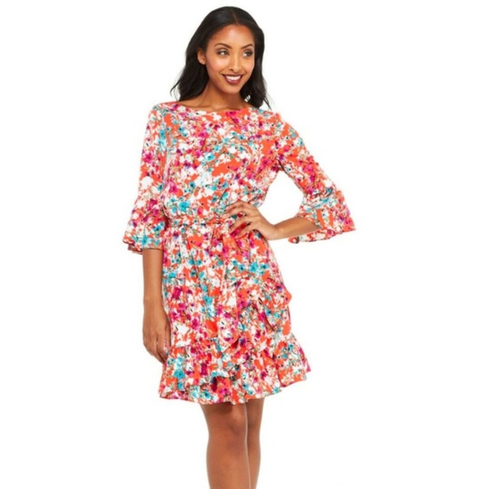 London Times Ruffle Bell Sleeve Dress Size 4P v467